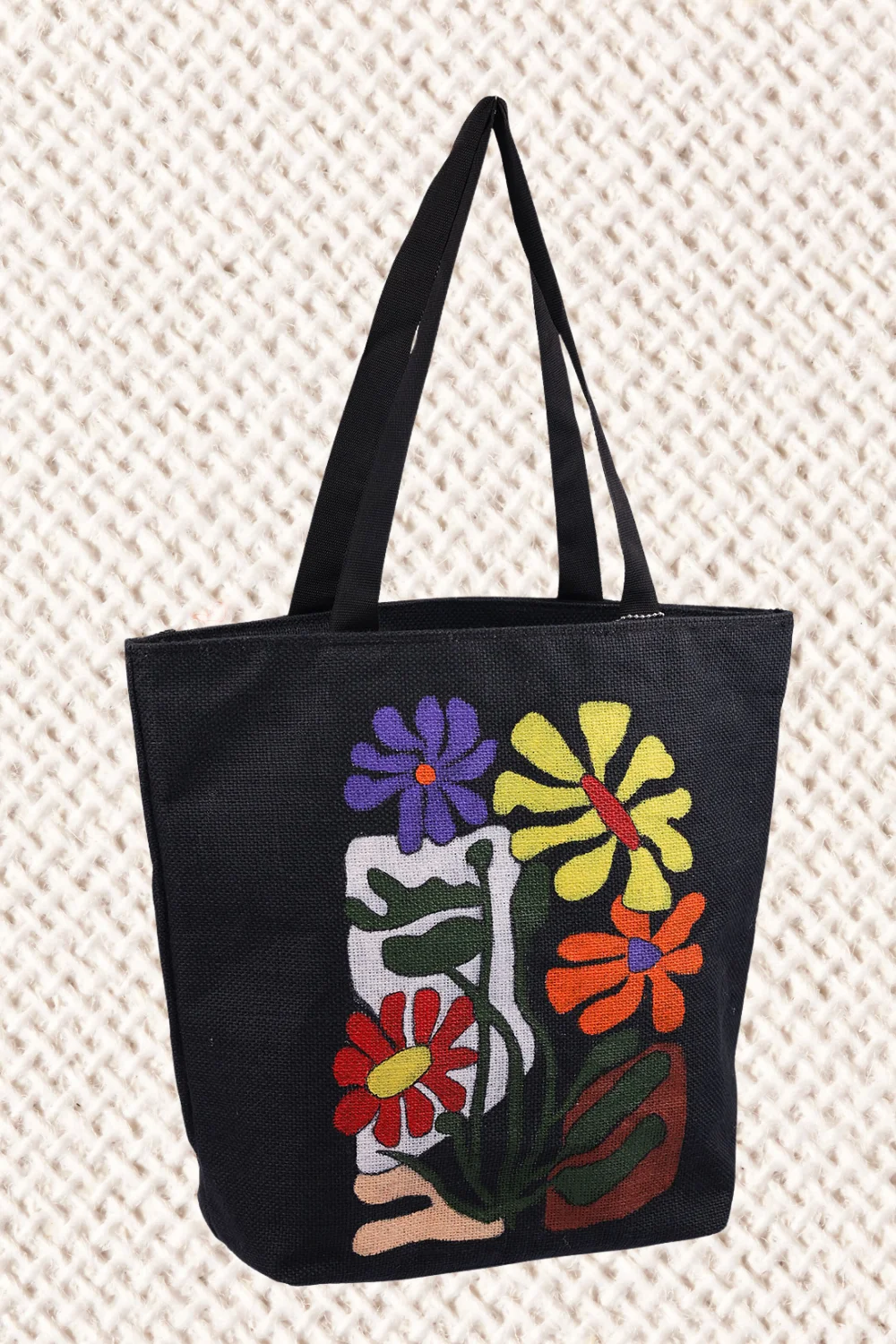 HAND PAINTED JUTE TOTE BAG FLOWER - SINGLE ZIP
