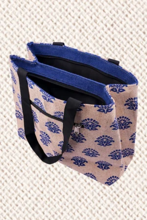 JUTE TOTE BAG WITH BLUE BLOCK PRINT - DOUBLE ZIP